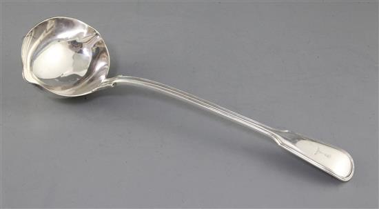 A Victorian silver fiddle and thread pattern double lipped soup ladle, by George Adams, 9.5 oz.